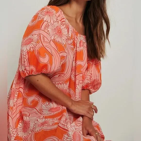 Mango Printed Cotton Dress Flowy Voluminous Maxi Puff Sleeves - Picture 5 of 6